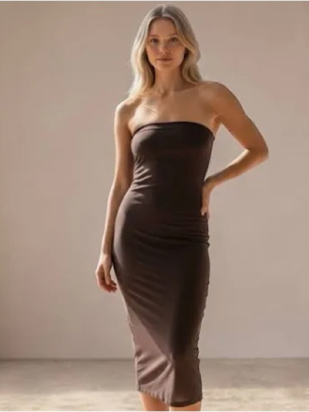 Khy Strapless Midi Bodycon Dress in Brown